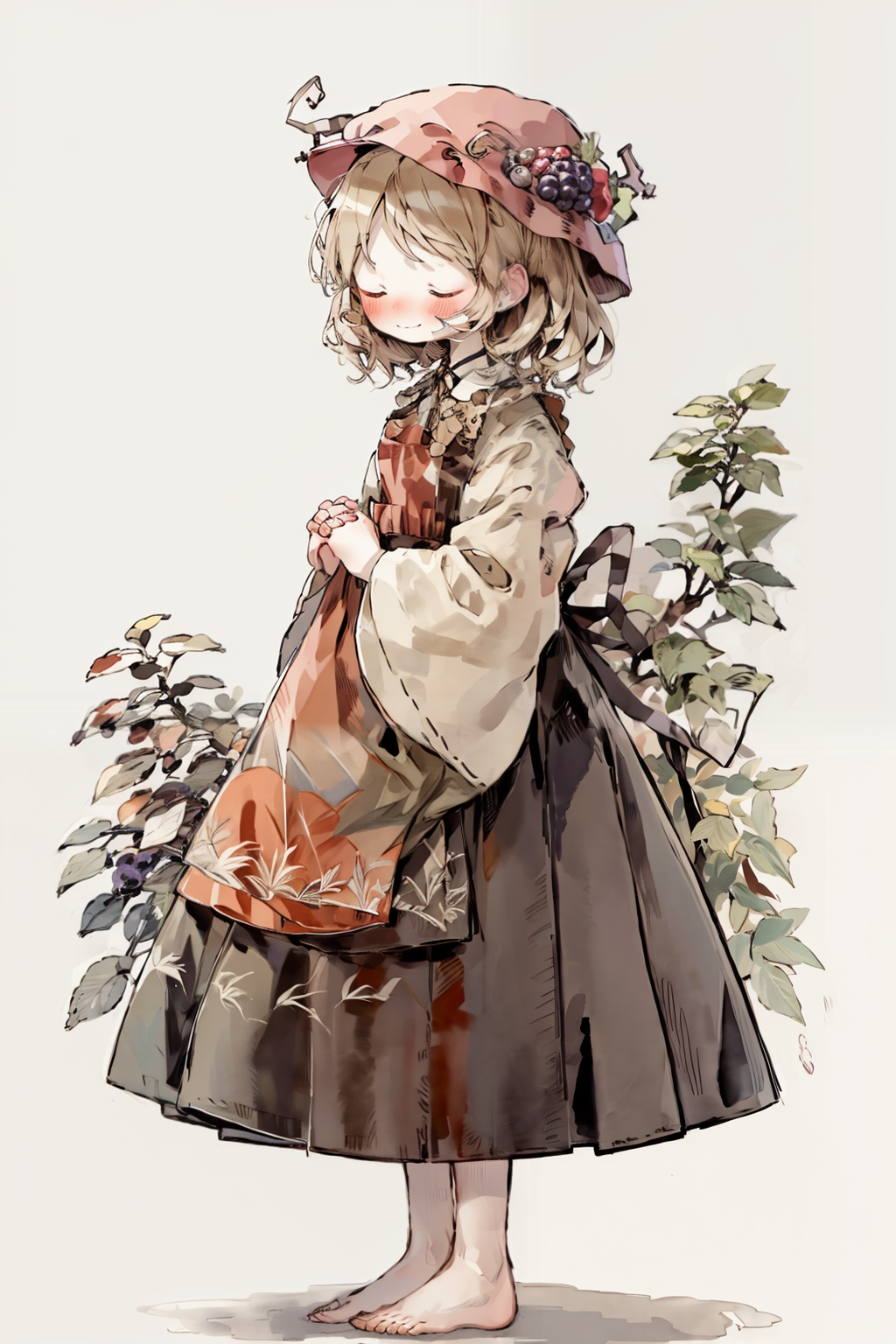 00182-3594788136-masterpiece, best quality, _lora_AkiMinoriko_1_,1girl, solo, aki minoriko, barefoot, hat, blonde hair, closed eyes, open mouth,.png